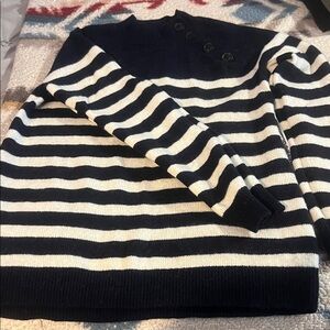 L.L. Bean Women's Navy and Cream Striped Turtleneck Sweater